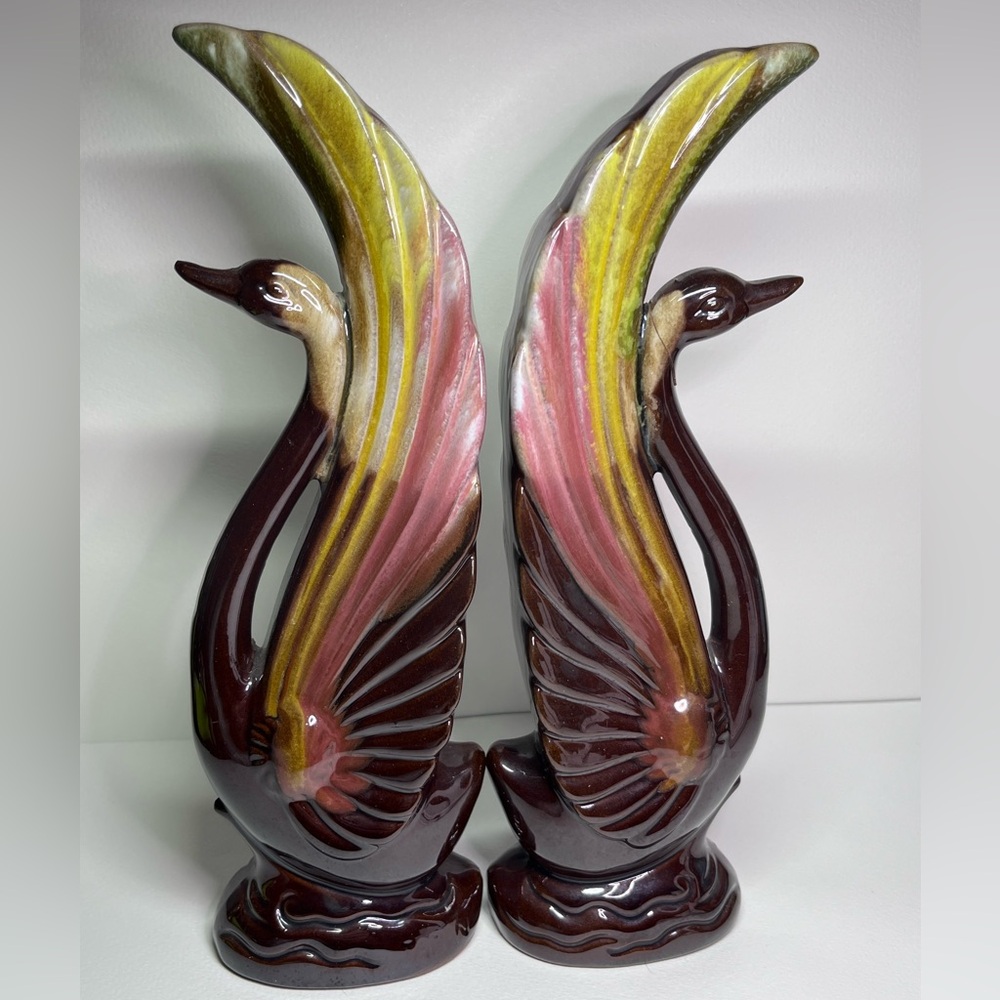 Vintage Swan Figurine Pair 9.5” Glossy Drip Glaze Ceramic Pink Gold Brown